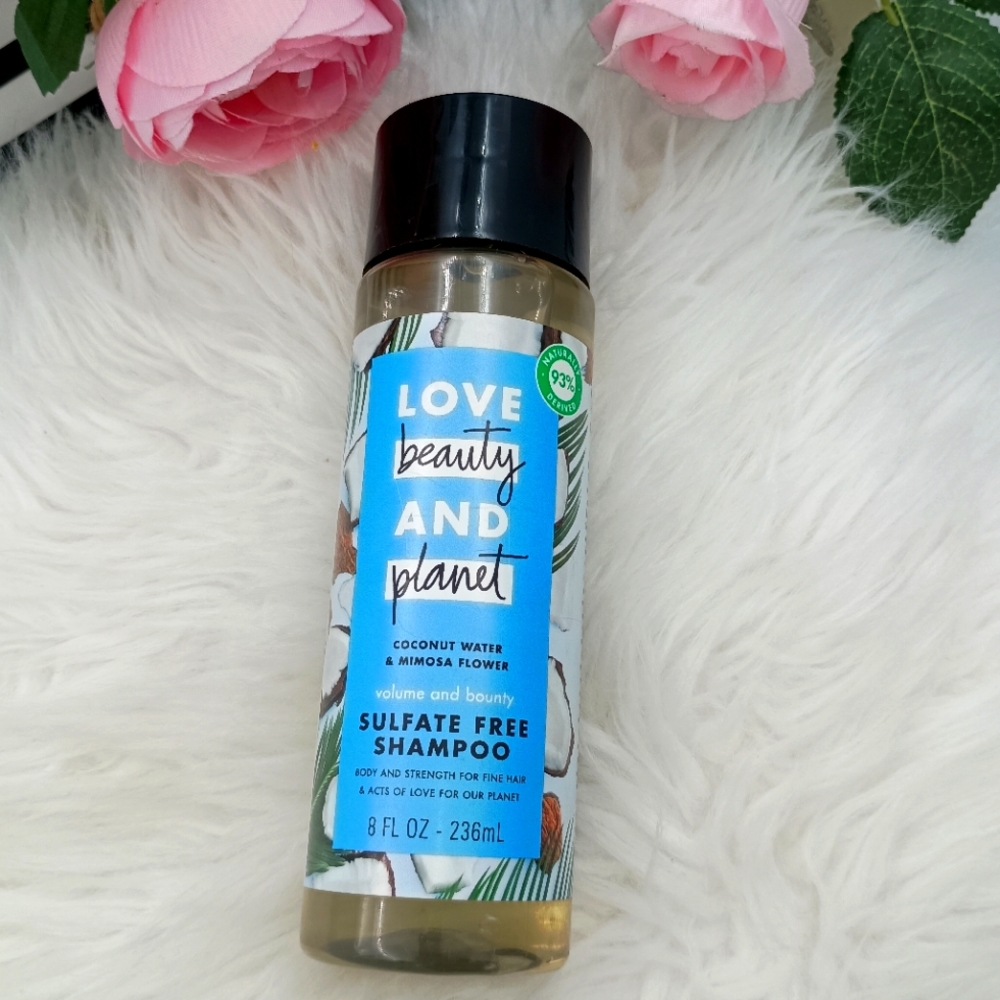 LOVE, beauty AND Plantet Coconut Water & Mimosa Flower Sulfate Free Shampoo.